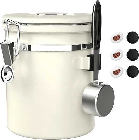 ShanSon Coffee Canister Airtight, Stainless Steel Bean Storage Container with Date Tracker & Scoop, Grounds Sugar Flour Tea Cereal Fits Kitchen Pantry, Ideal Gift for Coffee Lovers,16oz,Beige
