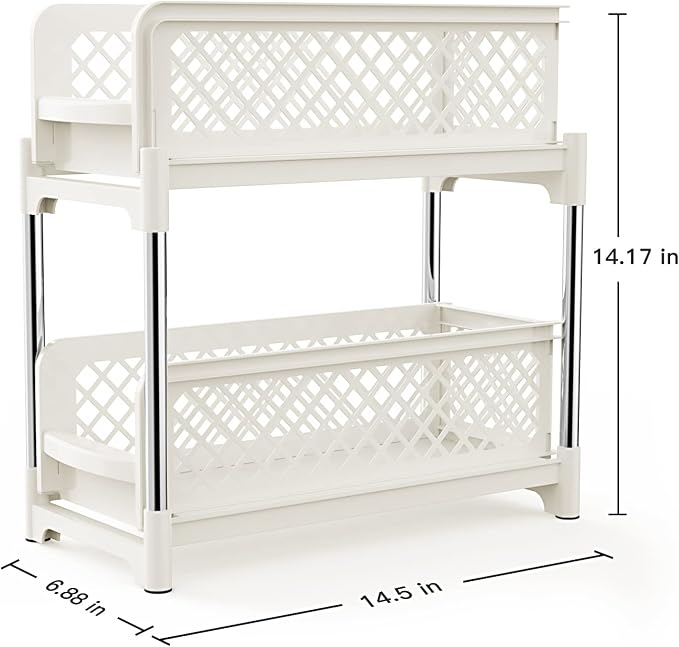 Under Sink Organizer, 2 Tier Bathroom Organizer Under Sink, Pull-Out Sliding Under Kitchen Cabinet Storage Rack, Multi-purpose Organizer Storage Shelf for Bathroom Kitchen, White, 2 Pack