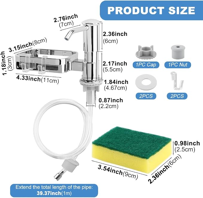 Soap Dispenser Pump for Kitchen Sink with Sponge Rack,Under Counter Sink Soap Dispenser Pump with 39" Extension Tube Kit,Fit for Kitchen Bathroom in Counter(Silver)