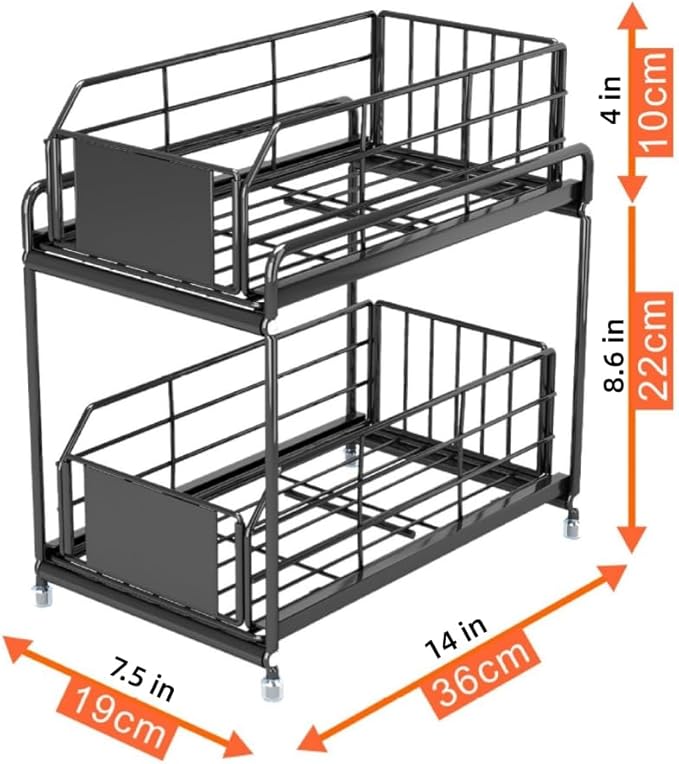 Under Sink Kitchen Storage Organizer, 2 Tier Sliding Cabinet Basket with Pull-Out Drawer, foldable Metal Under Sink Organizers for Bathroom, Pantry, Countertop, Rustproof Multi-Purpose Storage Bins