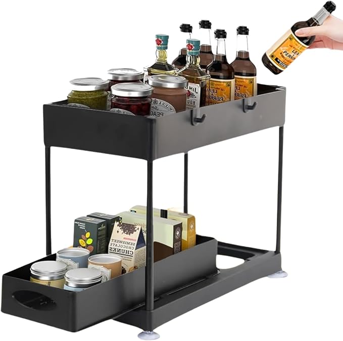 TEVASO Under Sink Organizers and Storage | Space-Saving Cleaning Supplies | 2 Tier Sliding Under Shelf Organizer for Kitchen and Bathroom - Black - 1 Pack
