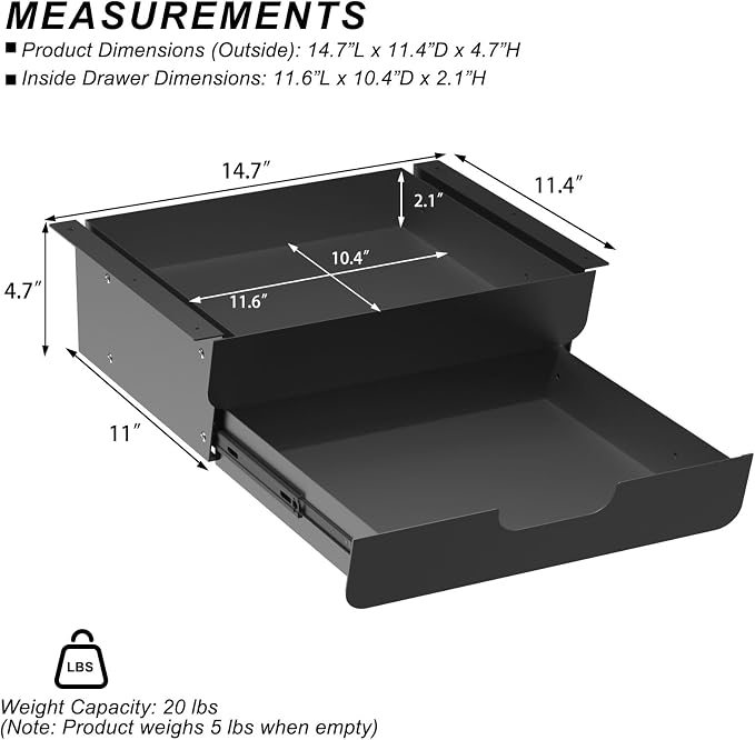 Under Desk Mounted Sliding Double Layer Drawer with Tilt Panel to Pull Out, 11.6'' Long & 10.4'' Deep Dual Storage Organizer for Sit Stand Workstation