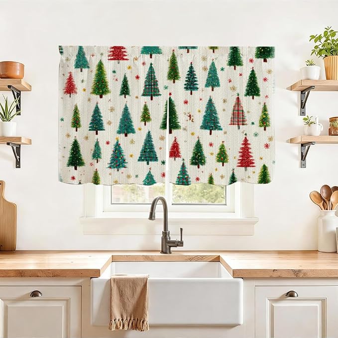Self Adhesive Evergreen Pine Tree Cabinet Curtain for Mother's Day, 39x28 Inch Forest Under Sink Skirt No Drill, Spring Cleaning Kitchen Decor, Hook and Loop Laundry Valance, Fabric Panel