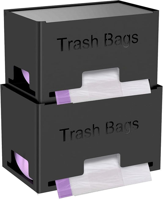 STWWO 2-Pack Trash Bag Holder Dispenser, Stackable Garbage Bag Dispenser, Extra Large Trash Organizer for Kitchen Laundry Under Sink, Wall Mounted or Freestanding, Metal Black