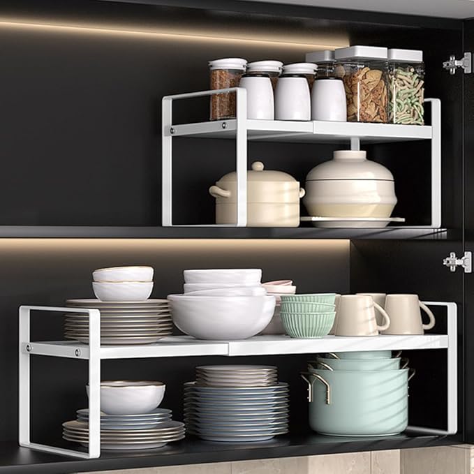 Expandable Cabinet Shelf Organizer Adjustable Storage Rack Stackable Metal Home Organization for Kitchen Pantry Spice Cupboard Under Sink Countertop - White, 1 Pack