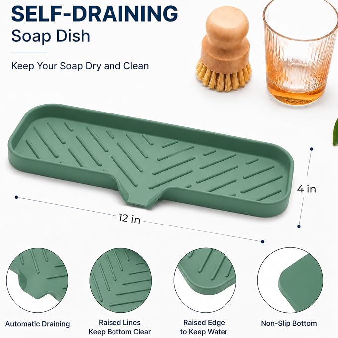 MicoYang Silicone Soap Dish with Drain Spout — Self-Draining Double Sink Organizer Tray for Kitchen & Bathroom, Dispensers, Sponges & Soap Holder, Non-Slip & Dishwasher Safe, Green (Large, 12"×4")