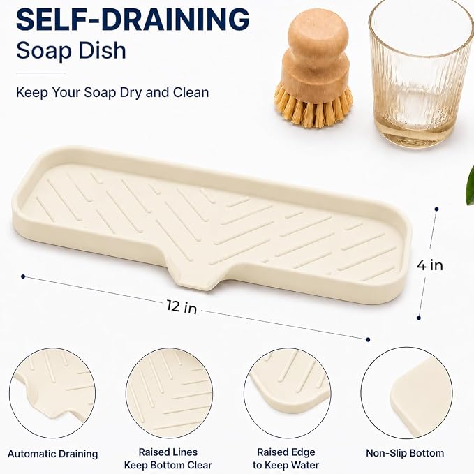 MicoYang Silicone Soap Dish with Drain Spout — Self-Draining Double Sink Organizer Tray for Kitchen & Bathroom, Dispensers, Sponges & Soap Holder, Non-Slip & Dishwasher Safe, Tapioca (Large, 12"×4")