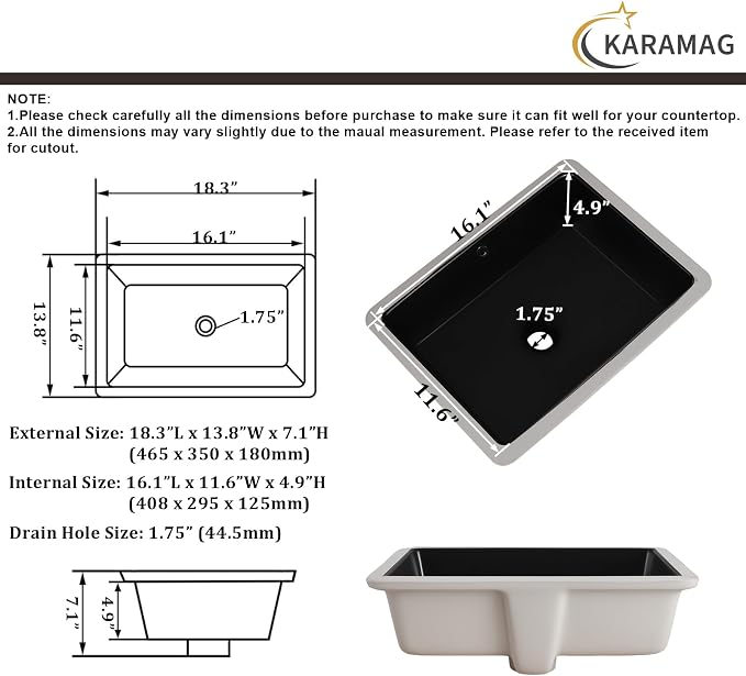 18 Inch Matte Black Undermount Bathroom Sink Small Rectangle Undermount Sink Black Under Counter Bathroom Sinks with Overflow (18-1/2"x14")
