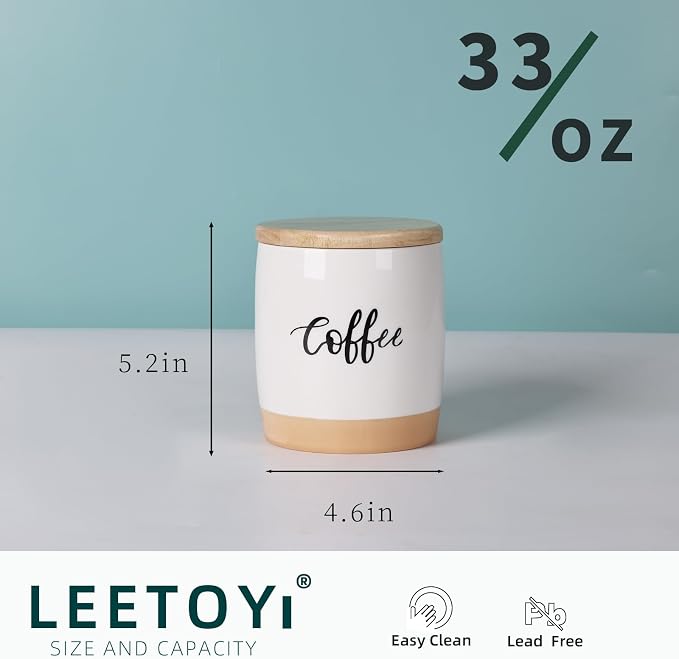 LEETOYI Ceramic Food Storage Containers with Lid,Modern Farmhouse Kitchen Decor, Countertop Food Storage Caddy Organizer, 33oz (Labeled Coffee)
