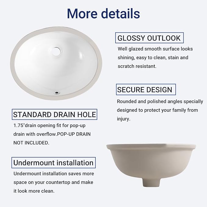 16.5"x13.4" Oval Shape Small Undermount Bathroom Vessel Sink, Ceramic White Vanity Top Sink with Overflow