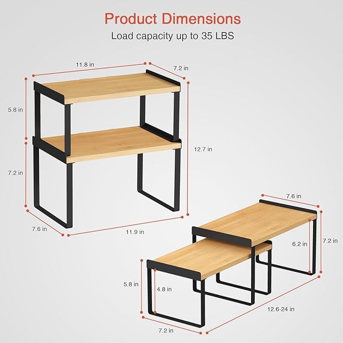 Goozii Cabinet Shelf Organizer Set of 4, Kitchen Counter Shelf Riser for Plates Dishes Cups Mugs Spices, Pantry Cupboard Cabinet Organizers and Storage Shelves Rack Insert for Countertop (Bamboo Wood)