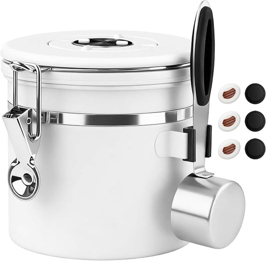 ShanSon Coffee Canister Airtight, Stainless Steel Bean Storage Container with Date Tracker & Scoop, Grounds Sugar Flour Tea Cereal Fits Kitchen Pantry, Ideal Gift for Coffee Lovers,12oz, White