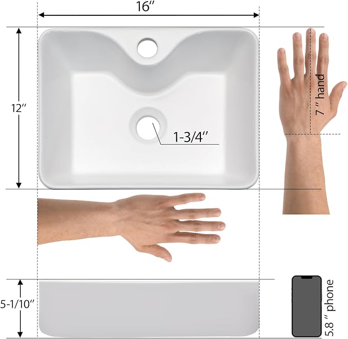 Mocoloo 16 Inch Rectangle Vessel Bathroom Sink with Faucet Hole 16"x12" White Ceramic Bathroom Sinks Above Counter Porcelain Hand Basin for Lavatory Room Rectangular Vanity Top Sink