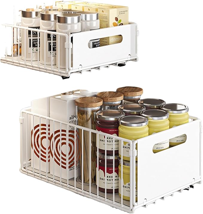 Pull Out Cabinet Organizers Large Capacity with Nano Adhesive Tallened Guardrail Anti Fall Design for Bathroom & Kitchen Cabinets Pantries (White, L-2Pcs)