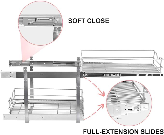 2 Tier Pull Out Cabinet Organizer,(11½"W x 22" D) Soft Close Slide Out Drawer For Kitchen Base Cabinet, Individual Pull Out Shelf, Roll Out Pantry Organization, 22 Inch Deep