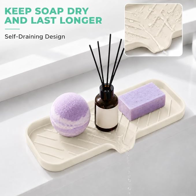 MicoYang Silicone Soap Dish with Drain Spout — Self-Draining Double Sink Organizer Tray for Kitchen & Bathroom, Dispensers, Sponges & Soap Holder, Non-Slip & Dishwasher Safe, Tapioca (Large, 12"×4")