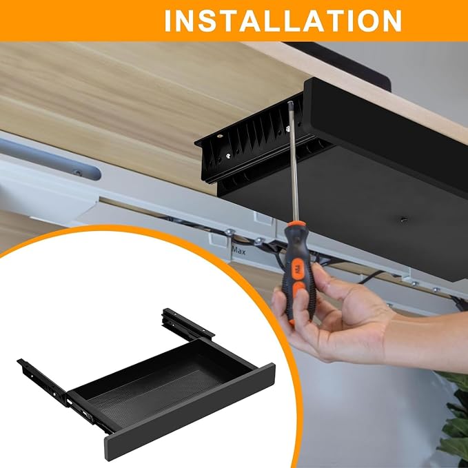Under Desk Mounted Sliding Drawer to Pull Out, Attachable Desk Pencil Drawer with Ball-Bearing Slides, Metal and Plastic Storage Drawer (Black)