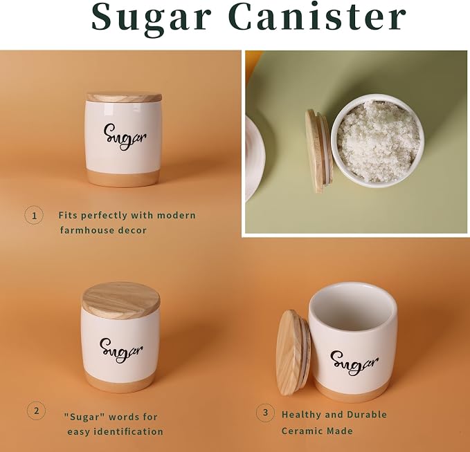LEETOYI Ceramic Food Storage Containers with Lid,Modern Farmhouse Kitchen Decor, Countertop Food Storage Caddy Organizer, 33oz (Labeled Sugar)