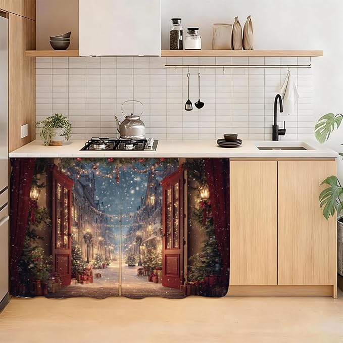 Self Adhesive Vintage Street View Cabinet Curtain for Mother's Day, 39x28 Inch Open Door Scenery Under Sink Skirt No Drill, Spring Cleaning Kitchen Decor, Hook and Loop Valance