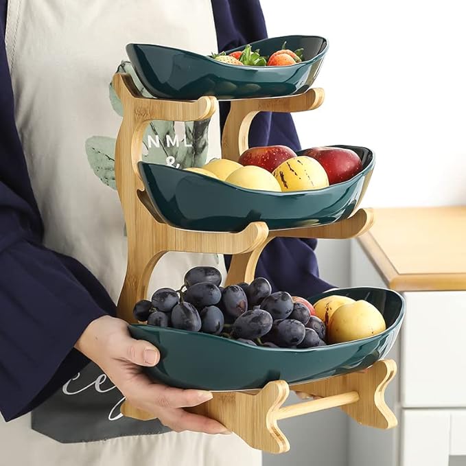 3 Tier Fruit Bowl With Bamboo Stand for Kitchen Counter,Ceramic Fruit Basket Large Capacity for Fruit Vegetable Storage,Snack Dessert Cake Tray Plate Rack for Party Wedding (Green)