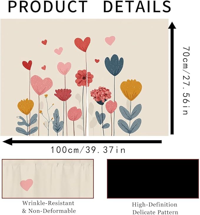 Self Adhesive Floral Heart Cabinet Curtain for Mother's Day, 39x28 Inch Colorful Spring Flower Under Sink Skirt No Drill, Deep Cleaning Kitchen Decor, Hook and Loop Laundry Valance