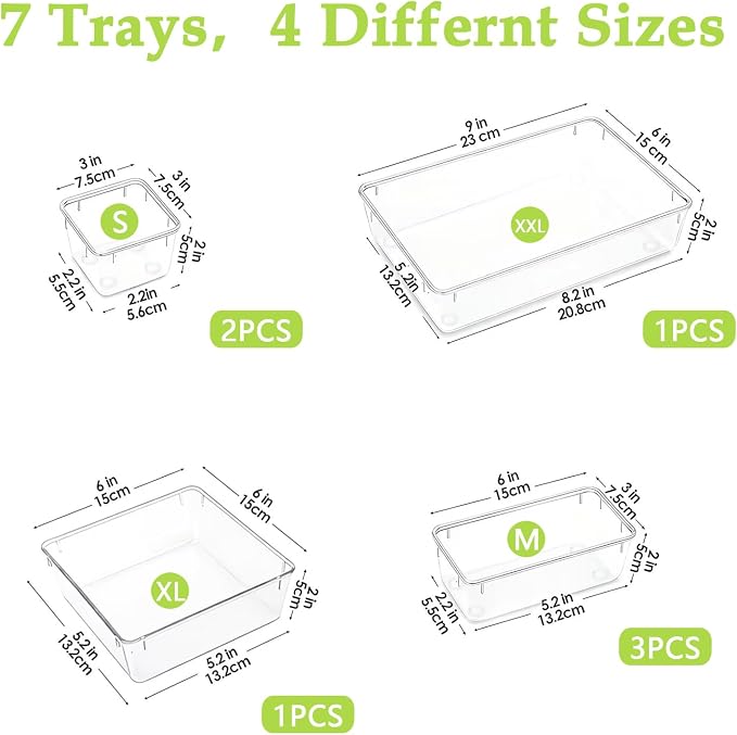 Clear Acrylic Drawer Organizer Trays, 5 Size Junk Box Organization Small Storage Container Bin for Desk Makeup Bathroom Vanity Kitchen Tool Make Up Workspace Home Dorm Apartment Office Room Nightstand