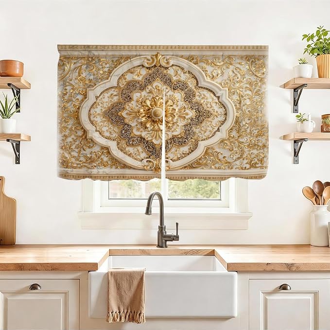 Self Adhesive Luxury Golden Baroque Cabinet Curtain for Mother's Day, 39x28 Inch Victorian Floral Under Sink Skirt No Drill, Spring Cleaning Kitchen Decor, Hook and Loop Valance