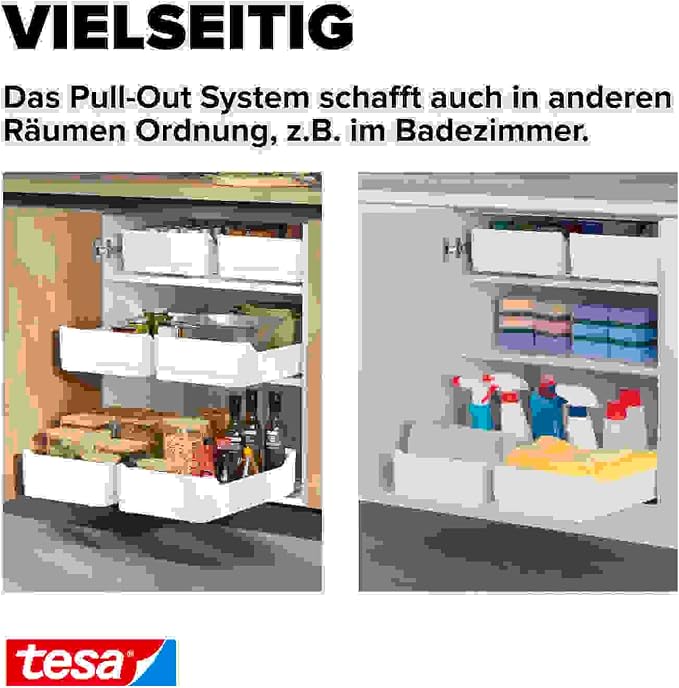 tesa Pull Out Extendable Kitchen Drawer - Self-adhesive Floor Slide for Kitchen Cabinets - Drill Free Drawer Runners - Telescopic Organiser for Kitchen Utensils