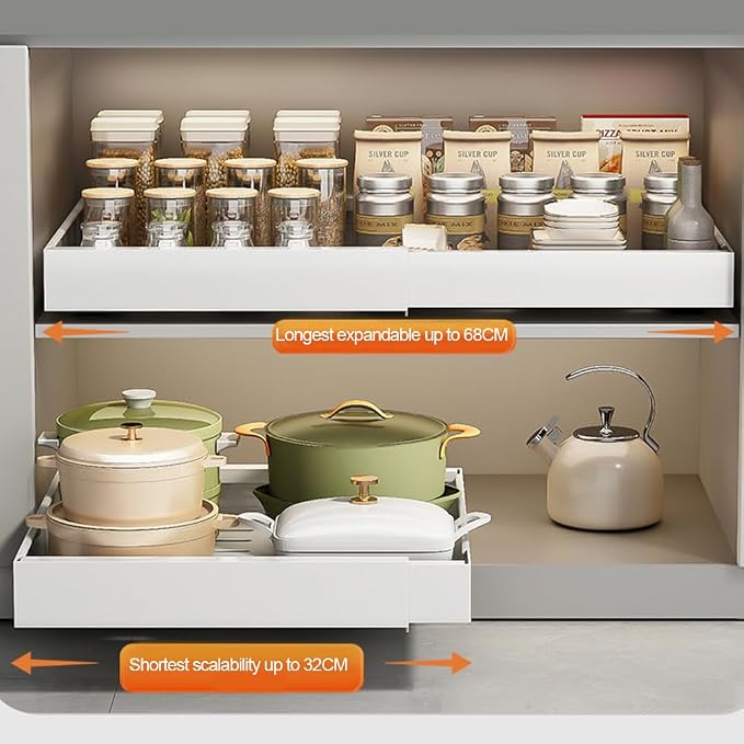 2 Pack No-Drill Pull Out Cabinet Organizer, Roll Out Sliding Storage Shelf, Slide-Out Base Cabinet Organizer for Kitchen Organization