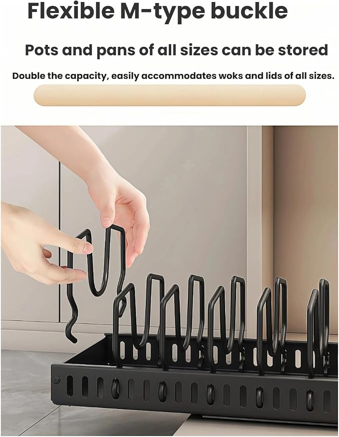 Pull out drawers Pots and Pans Organizer With M-Shaped Vertical Slots Under Cabinet，Slide Out inside Cabinet Storage for Pot Lid Holder And Spoon Rest,Dishes,7 Adjustable Dividers(White,"M"Style)