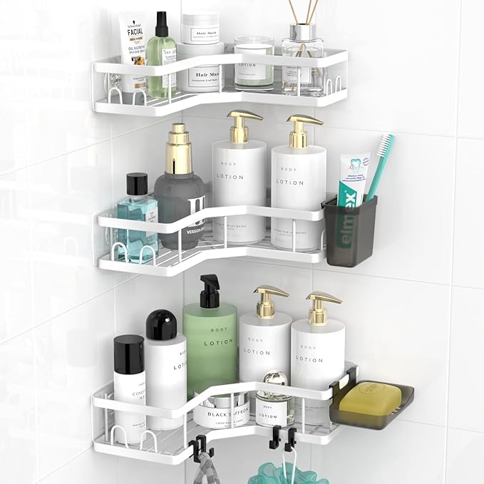 AKTECKE Corner Shower Caddy Bathroom Organizer Adhesive Shower Rack Bathtub Shelves - 3Pack No Drilling Shower Shelf For Inside Shower - Rustproof Bath Tub Organizer Caddy