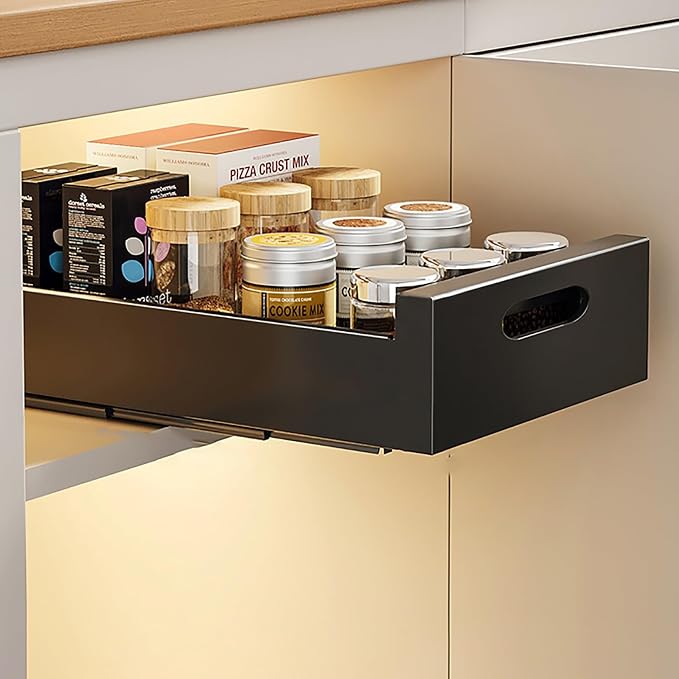 Slide Out Drawer Storage Shelves For Cupboard Cabinet,Extendable Sliding Drawer,No Need Drill and Nailing,for Pantry and Bathroom Vanity,with Adhesive Nano Film. (Color : Black, Size : 25 * 43 * 7cm)