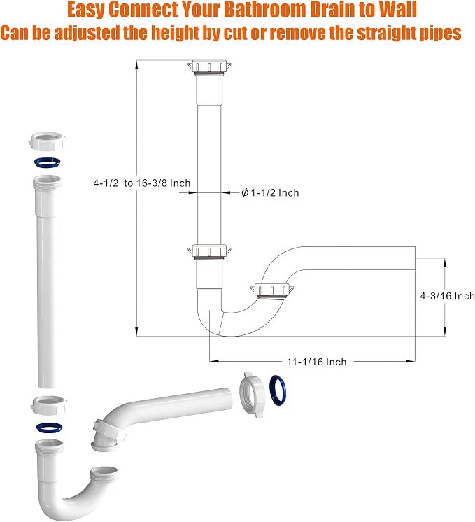 Bathroom Sink Drain Kit,for Most 1-1/4” Bathroom & Kitchen Sink Drain Repair,1-1/4” P Trap or S Trap Sink Plumbing Kit,Sink Pipe Replacement Parts