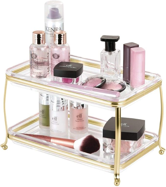 mDesign Decorative Makeup Storage Organizer Vanity Tray for Bathroom Counter Tops, 2 Levels to Hold Makeup Brushes, Eyeshadow Palettes, Lipstick, Perfume and Jewelry - Soft Brass/Clear