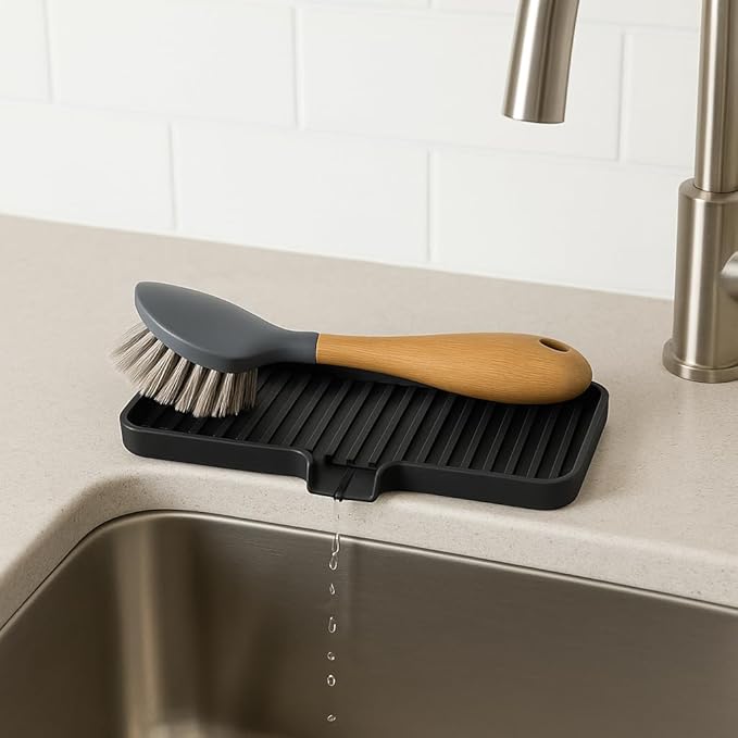 Silicone Soap Dish Tray and Sponge Holder with Drain Chute, Rectangular, Kitchen and Bathroom Sink Organizer (Grey, 9"x3.5")