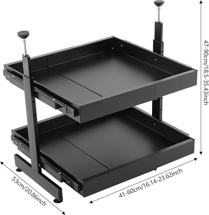 Cabinet Drawers Slide Out, 2 Tiers Expandable Pull out Cabinet Organizer No-Drilling, Slide out Drawers for Kitchen Cabinets Bathrooms, Laundry Rooms, Garages (Black)