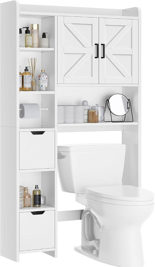 TEENFON Over the Toilet Storage Cabinet with 2 Removable Drawers, Above Toilet Storage Cabinet with 10 Storage Shelves, Taller Wooden Free Standing Bathroom Storage, Laundry Room Storage Shelf, White