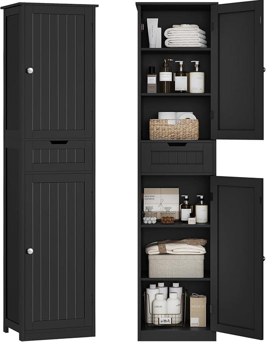 TEENFON 67" H Tall Storage Cabinet with 2 Doors and 1 Drawer, Narrow Black Cabinet with Adjustable Shelves, for Bathroom, Living Room, Entryway, Kitchen, Black