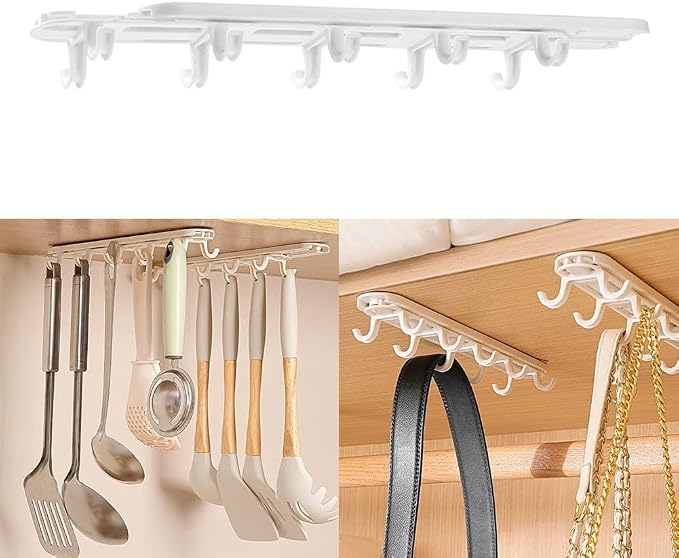 Under Cabinet Hanging Rack White Pull-Out Storage Organizer for Kitchen Mugs Towels Utensils Wardrobe No Drill Installation Space Saving 27cm