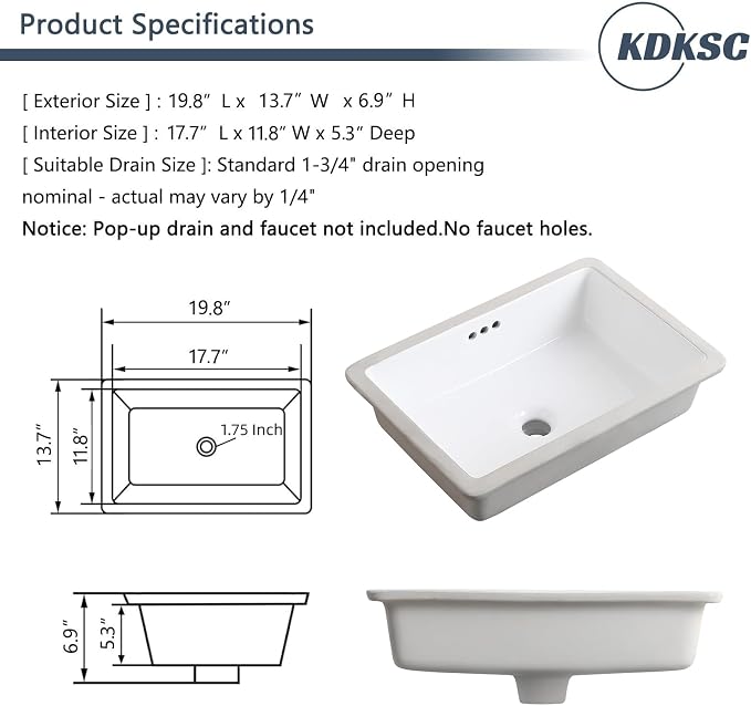 20 Inch Undermount Bathroom Sink Rectangular Undermount Sink White Ceramic Under Counter Bathroom Sinks with Flat Overflow Type (19.8"x 13.7")