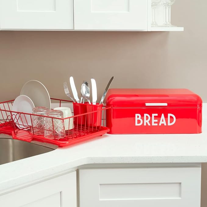 Home Basics Grove Bread Box For Kitchen Counter Dry Food Storage Container, Bread Bin, Store Bread Loaf, Dinner Rolls, Pastries, Baked Goods & More, Retro Vintage Design, Red
