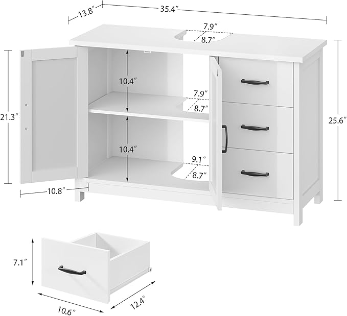 TEENFON Pedestal Sink Storage Cabinet with 2 Doors & 3 Drawers, Bathroom Sink Cabinet, Under Sink Storage with U-Shape Cut-Out, White