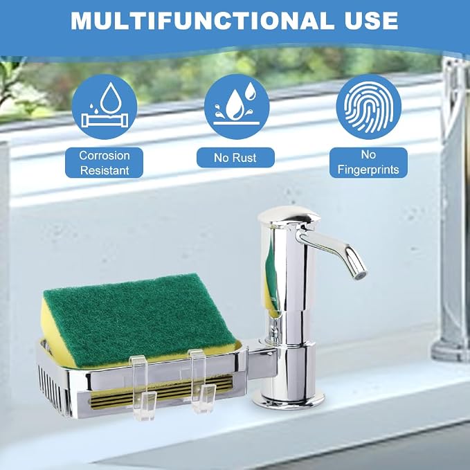 Soap Dispenser Pump for Kitchen Sink with Sponge Rack,Under Counter Sink Soap Dispenser Pump with 39" Extension Tube Kit,Fit for Kitchen Bathroom in Counter(Silver)