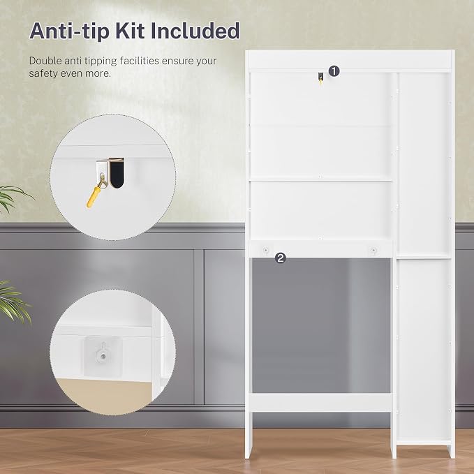 TEENFON Over the Toilet Storage Cabinet with 2 Removable Drawers, Above Toilet Storage Cabinet with 10 Storage Shelves, Taller Wooden Free Standing Bathroom Storage, Laundry Room Storage Shelf, White