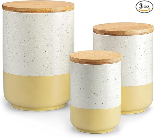Food Storage Jars with Airtight Wood Lids,3-Pack Ceramic Canister Set for Flour Cereal Sugar Tea Coffee Beans Snacks– Modern Container Kitchen Pantry Storage Jar(White)