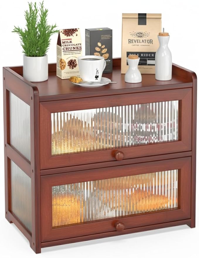 BAMBANG Extra Large Bamboo Bread Box for Kitchen Counter, Double Layer Bread Storage Container Farmhouse Bread Box with 4 Sides Transparency, Breadbox Bin Holder for Homemade Bread, Brown