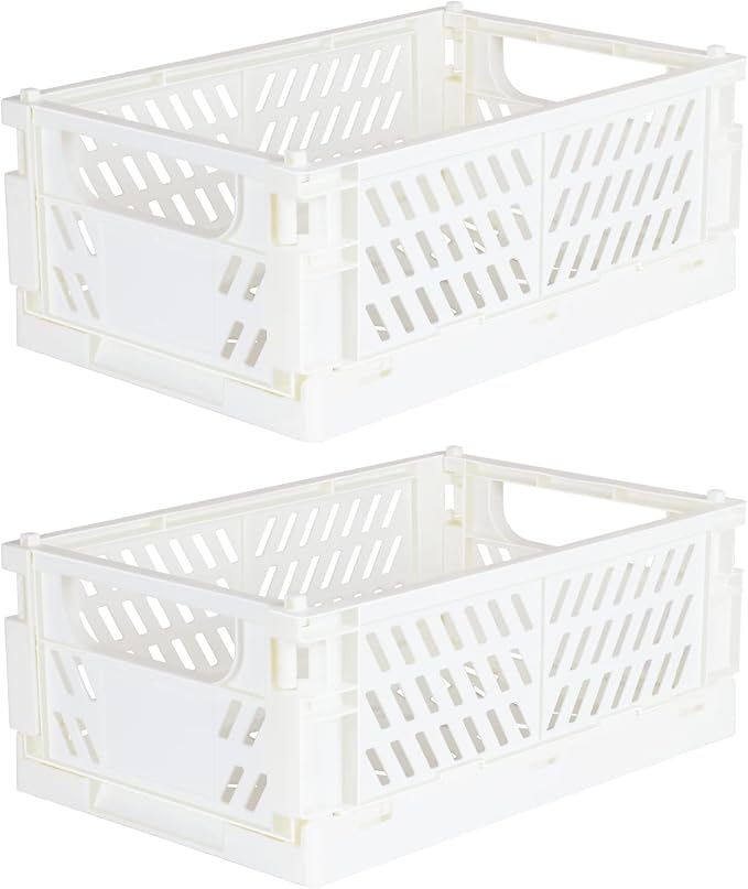 Tixill 2-Pack Mini Foldable Plastic Baskets for Organizing and Storage, Collapsible Storage Crate for Home Kitchen Bedroom Bathroom Office (9.8x6.5x3.8, White)