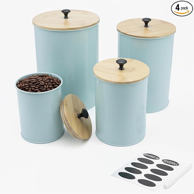 Canisters Sets for the Kitchen Set of 4 Kitchen Canisters for Countertop Airtight Black Flour and Sugar Containers with Bamboo Lids Labels and Marker for Pantry and Coffee Bar Decor