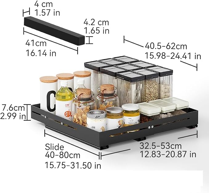 Pull Out Cabinet Organizer With Raising Pad for Framed Cabinets,Adjustable Depth(15.7"-24.4") And Width(12.8"-20.5"),Slide Out Drawers,No Drill Design,Heavy Duty Storing,Black