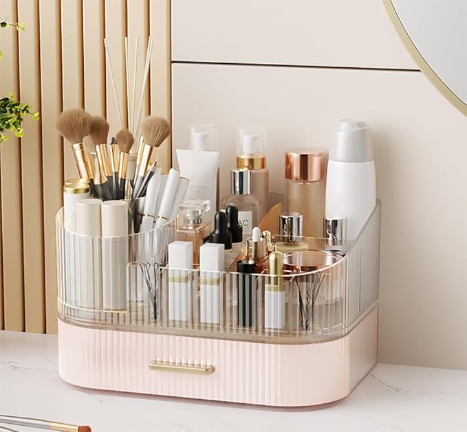Makeup Organizer with Stackable Drawer and 360 Rotating Brush Holder, Cosmetic Storage Display, 11-inch Wide Beauty Counter, Pink, Large (Tray + 1 Drawer)